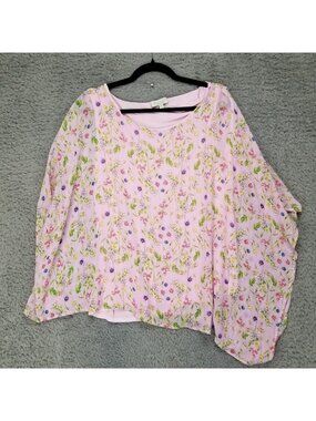 Status Top Womens 2X Pink Floral Sheer Layered Kaftan Sleeve Blouse
